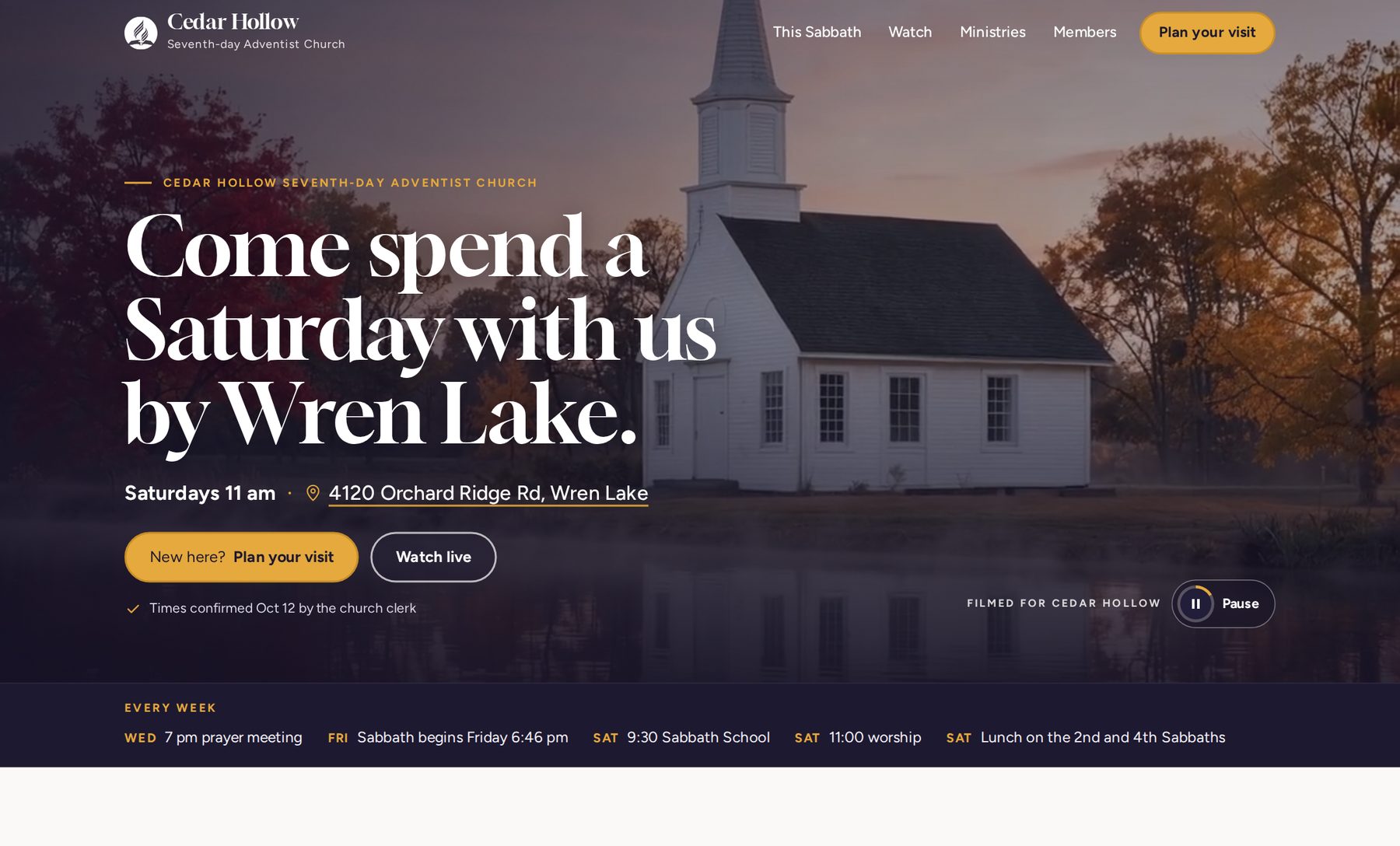 Video sample site: a short video of the church plays behind the welcome line