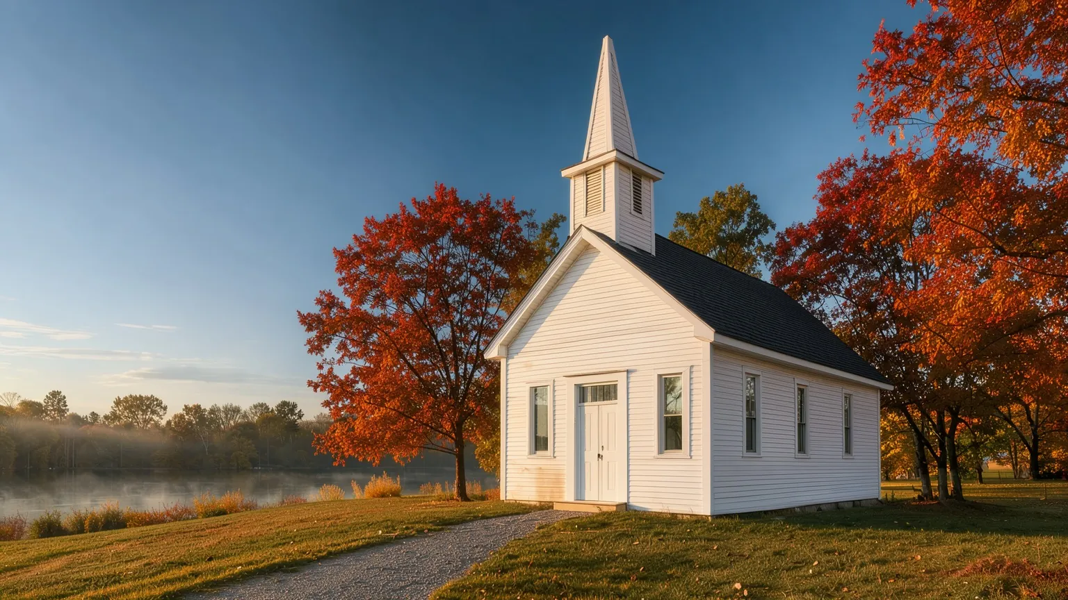Cedar Hollow church on an October morning: a small white clapboard church with a tall steeple among red and gold maples, a misty lake behind it