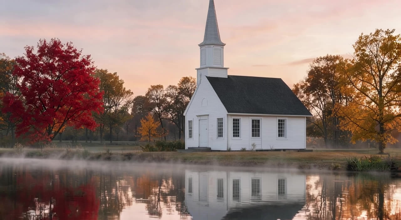 Cedar Hollow's white wood church with a steeple, red and gold maples, and the lake at dawn